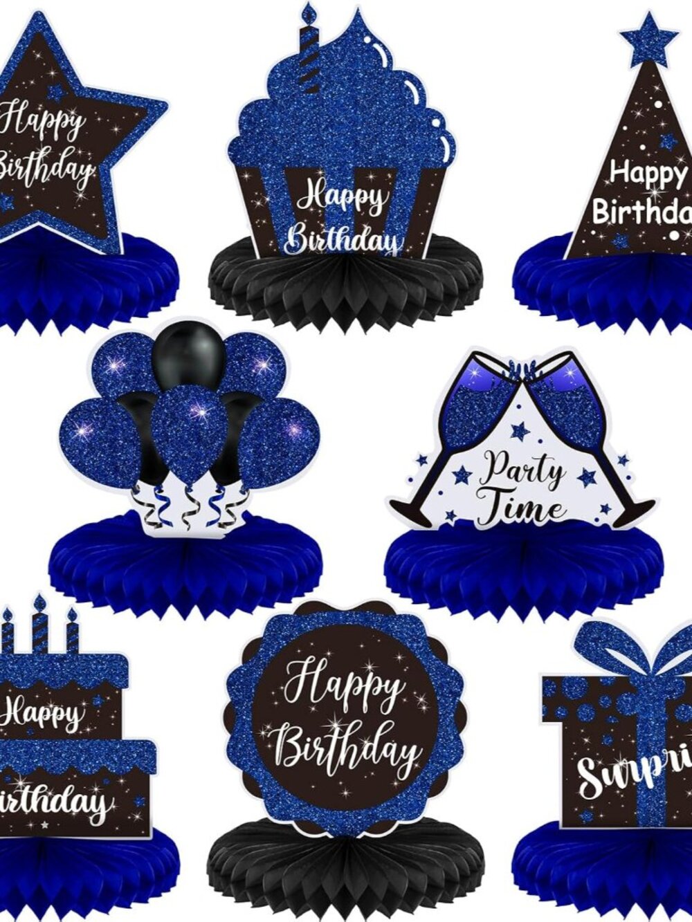 8 Pcs Blue and Black Birthday Centerpiece Table Decoration